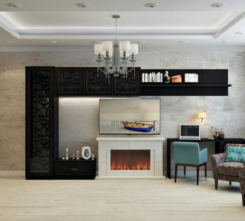 Elegant modern interior living room with fireplace and stylish decor.