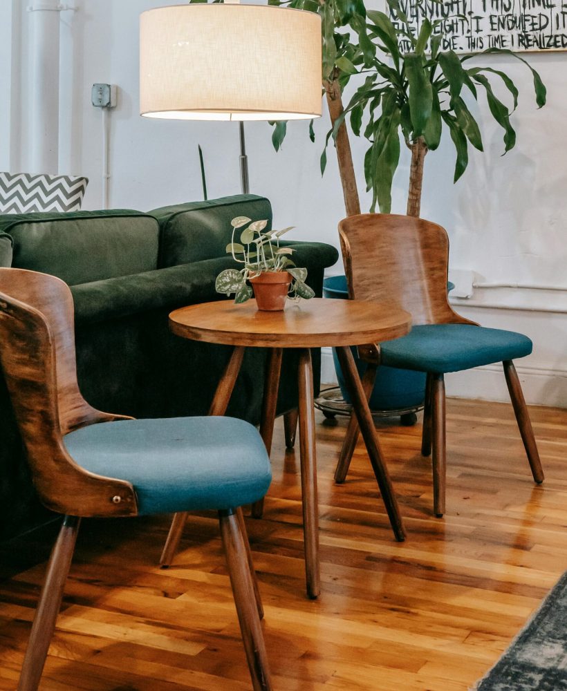 Creative wooden table and chairs placed near potted green palm and floor lamp in cozy light living room of comfortable apartment